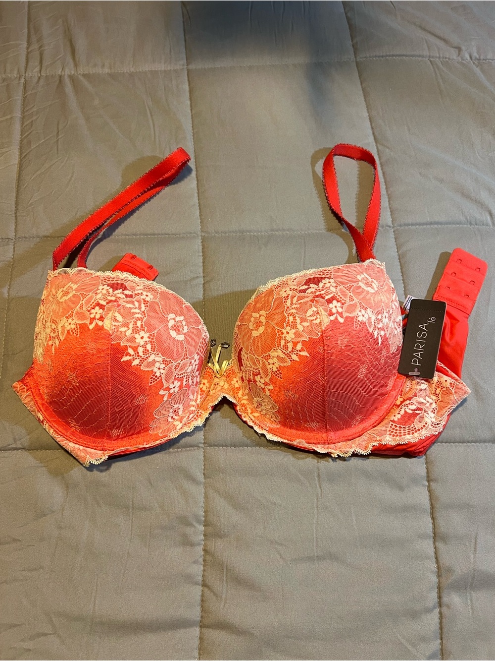 Prisa Coral-Red Lace Push-Up Bra with Floral Embroidery